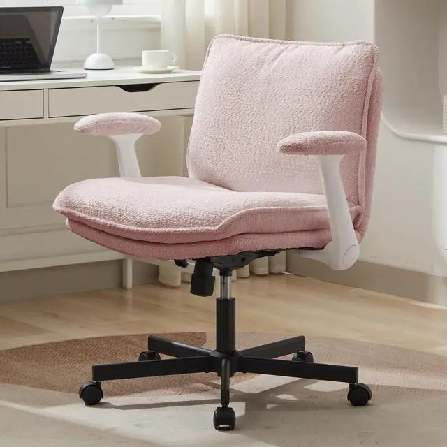 Main image of Criss Cross Legged Office Chair with Wheels and Flip-Up Arms, Upholstered Criss Cross Desk Chair, Wide Seat Chairs for Home Office, Vanity, Apartment, Pink