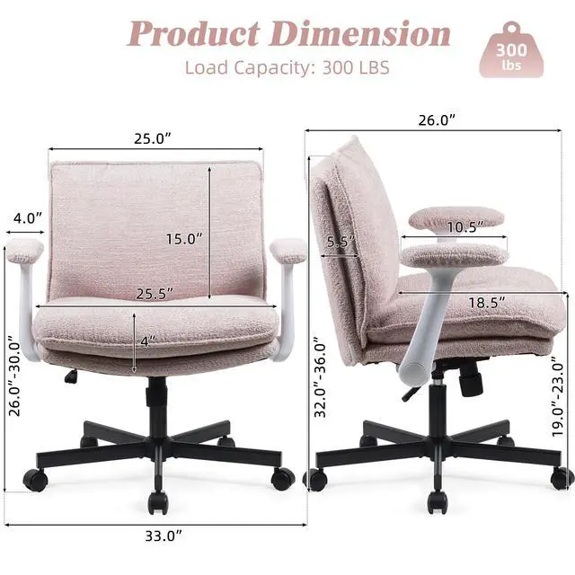 Alt view image 2 of 6 - Criss Cross Legged Office Chair with Wheels and Flip-Up Arms, Upholstered Criss Cross Desk Chair, Wide Seat Chairs for Home Office, Vanity, Apartment, Pink