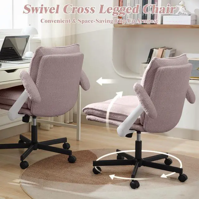 Alt view image 3 of 6 - Criss Cross Legged Office Chair with Wheels and Flip-Up Arms, Upholstered Criss Cross Desk Chair, Wide Seat Chairs for Home Office, Vanity, Apartment, Pink