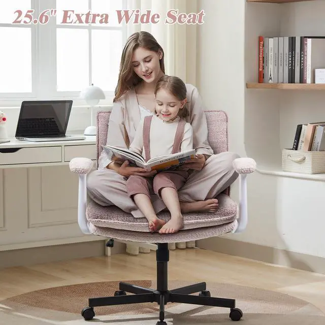 Alt view image 4 of 6 - Criss Cross Legged Office Chair with Wheels and Flip-Up Arms, Upholstered Criss Cross Desk Chair, Wide Seat Chairs for Home Office, Vanity, Apartment, Pink