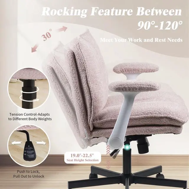 Alt view image 6 of 6 - Criss Cross Legged Office Chair with Wheels and Flip-Up Arms, Upholstered Criss Cross Desk Chair, Wide Seat Chairs for Home Office, Vanity, Apartment, Pink