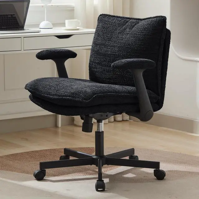 Main image of Criss Cross Legged Office Chair with Wheels and Flip-Up Arms, Upholstered Criss Cross Desk Chair, Wide Seat Chairs for Home Office, Vanity, Apartment, Black