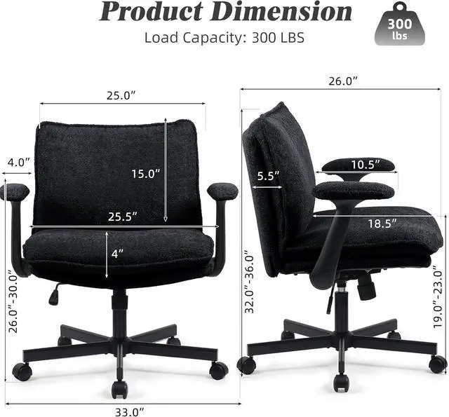 Alt view image 2 of 6 - Criss Cross Legged Office Chair with Wheels and Flip-Up Arms, Upholstered Criss Cross Desk Chair, Wide Seat Chairs for Home Office, Vanity, Apartment, Black