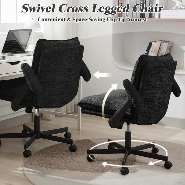 Alt view image 3 of 6 - Criss Cross Legged Office Chair with Wheels and Flip-Up Arms, Upholstered Criss Cross Desk Chair, Wide Seat Chairs for Home Office, Vanity, Apartment, Black