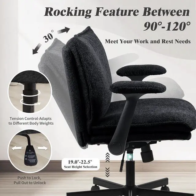 Alt view image 4 of 6 - Criss Cross Legged Office Chair with Wheels and Flip-Up Arms, Upholstered Criss Cross Desk Chair, Wide Seat Chairs for Home Office, Vanity, Apartment, Black