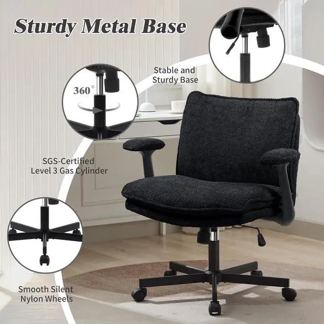 Alt view image 5 of 6 - Criss Cross Legged Office Chair with Wheels and Flip-Up Arms, Upholstered Criss Cross Desk Chair, Wide Seat Chairs for Home Office, Vanity, Apartment, Black