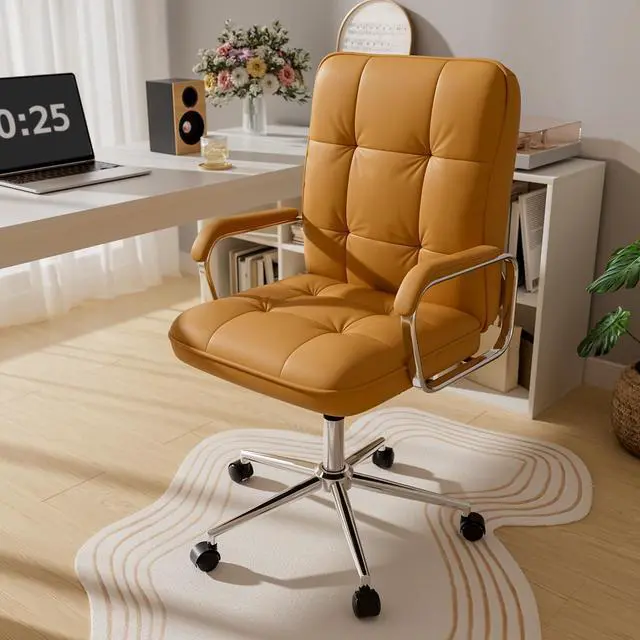 Main image of Brown Office Chair, Mid Back Leather Desk Chair with Wheels and Padded Arms, Swivel Vanity Chair for Bedroom, Computer Chair for Study and Work