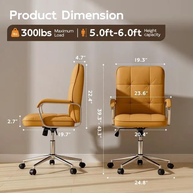 Alt view image 2 of 6 - Brown Office Chair, Mid Back Leather Desk Chair with Wheels and Padded Arms, Swivel Vanity Chair for Bedroom, Computer Chair for Study and Work