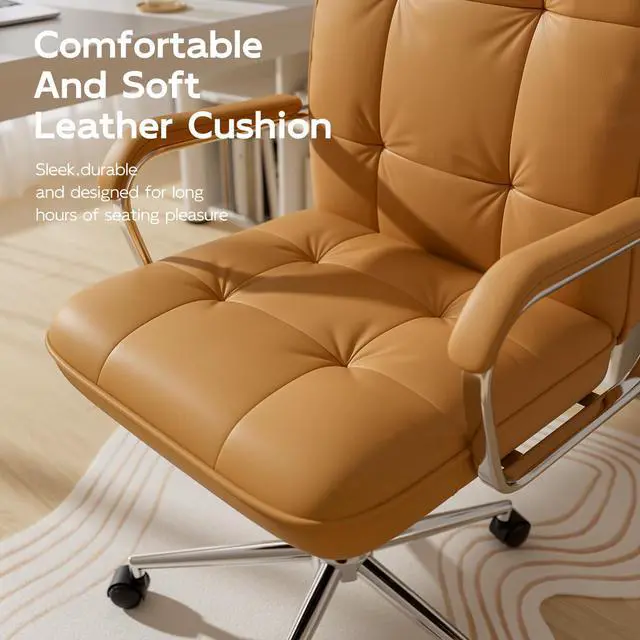 Alt view image 3 of 6 - Brown Office Chair, Mid Back Leather Desk Chair with Wheels and Padded Arms, Swivel Vanity Chair for Bedroom, Computer Chair for Study and Work