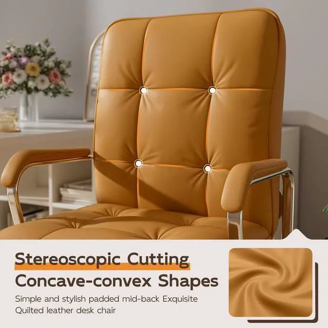 Alt view image 4 of 6 - Brown Office Chair, Mid Back Leather Desk Chair with Wheels and Padded Arms, Swivel Vanity Chair for Bedroom, Computer Chair for Study and Work