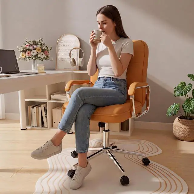 Alt view image 5 of 6 - Brown Office Chair, Mid Back Leather Desk Chair with Wheels and Padded Arms, Swivel Vanity Chair for Bedroom, Computer Chair for Study and Work