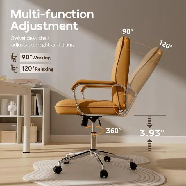 Alt view image 6 of 6 - Brown Office Chair, Mid Back Leather Desk Chair with Wheels and Padded Arms, Swivel Vanity Chair for Bedroom, Computer Chair for Study and Work