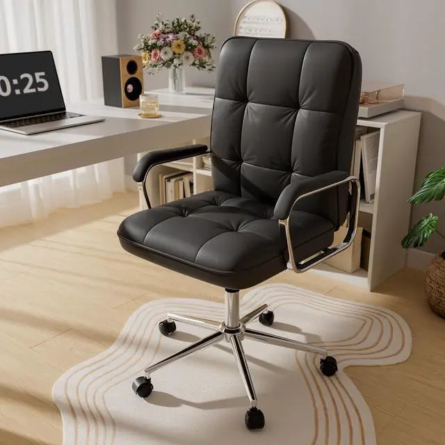 Main image of Black Office Chair, Mid Back Leather Desk Chair with Wheels and Padded Arms, Swivel Vanity Chair for Bedroom, Computer Chair for Study and Work