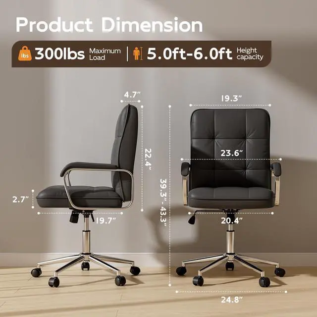 Alt view image 2 of 6 - Black Office Chair, Mid Back Leather Desk Chair with Wheels and Padded Arms, Swivel Vanity Chair for Bedroom, Computer Chair for Study and Work