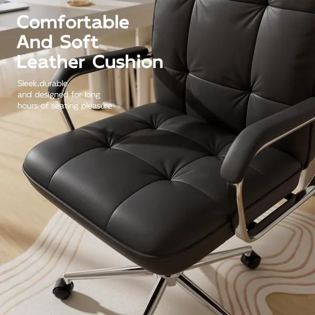 Alt view image 3 of 6 - Black Office Chair, Mid Back Leather Desk Chair with Wheels and Padded Arms, Swivel Vanity Chair for Bedroom, Computer Chair for Study and Work