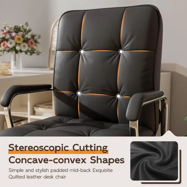 Alt view image 4 of 6 - Black Office Chair, Mid Back Leather Desk Chair with Wheels and Padded Arms, Swivel Vanity Chair for Bedroom, Computer Chair for Study and Work