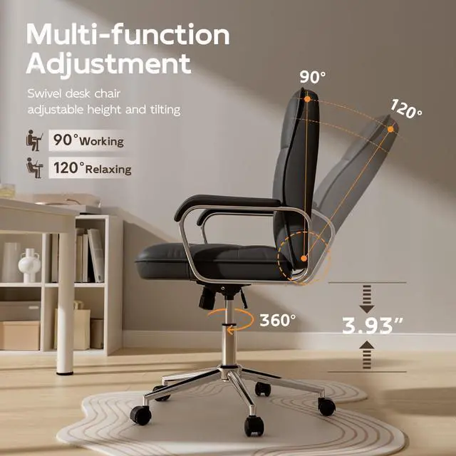 Alt view image 6 of 6 - Black Office Chair, Mid Back Leather Desk Chair with Wheels and Padded Arms, Swivel Vanity Chair for Bedroom, Computer Chair for Study and Work