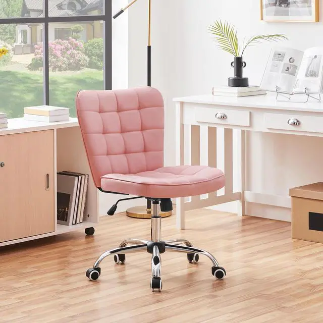 Alt view image 2 of 6 - ModernTufted Armless Desk Office Chair Faux Leather Upholstered Computer Chair with Adjustable Seat Height and Rolling Wheels for Home/Office, Pink