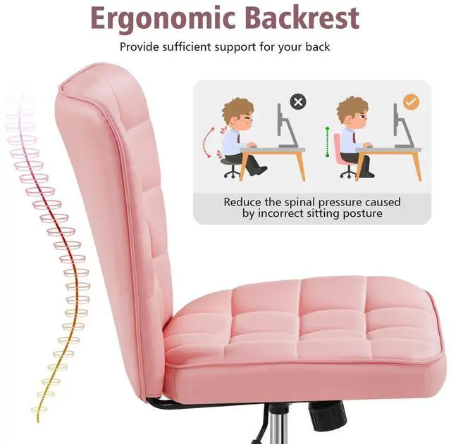 Alt view image 4 of 6 - ModernTufted Armless Desk Office Chair Faux Leather Upholstered Computer Chair with Adjustable Seat Height and Rolling Wheels for Home/Office, Pink