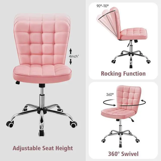 Alt view image 5 of 6 - ModernTufted Armless Desk Office Chair Faux Leather Upholstered Computer Chair with Adjustable Seat Height and Rolling Wheels for Home/Office, Pink