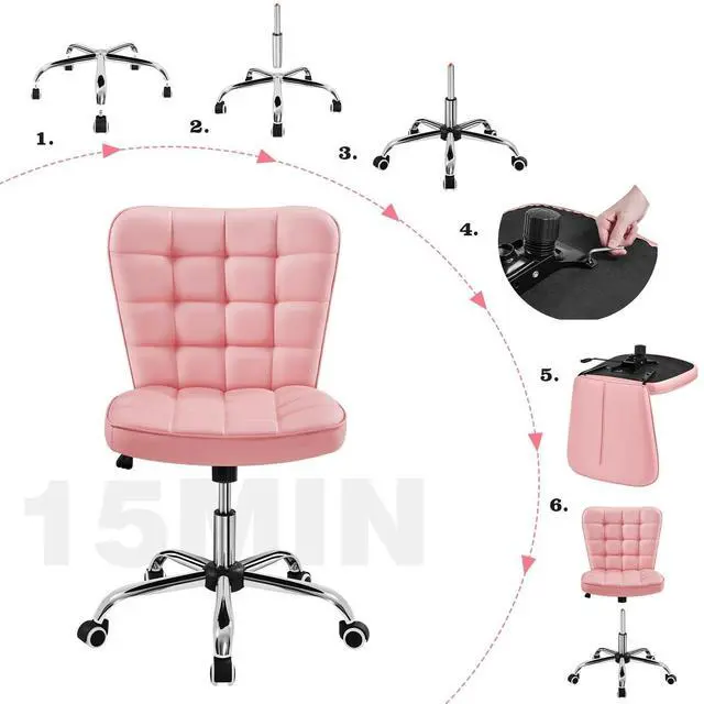Alt view image 6 of 6 - ModernTufted Armless Desk Office Chair Faux Leather Upholstered Computer Chair with Adjustable Seat Height and Rolling Wheels for Home/Office, Pink