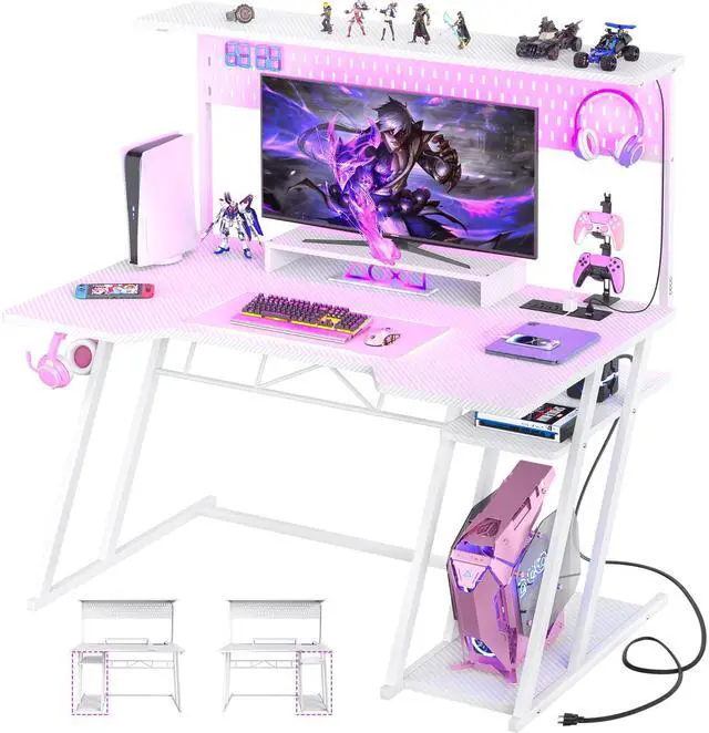 Main image of Gaming Computer Desk with Power Outlets, Gaming Desk with Hutch and LED Lights, Reversible PC Gaming Desk with Pegboard, Carbon Fiber White, 47"