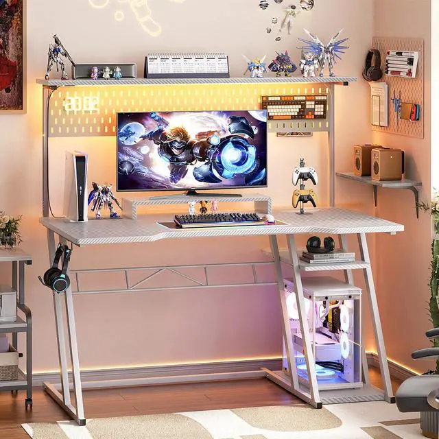 Alt view image 2 of 6 - Gaming Computer Desk with Power Outlets, Gaming Desk with Hutch and LED Lights, Reversible PC Gaming Desk with Pegboard, Carbon Fiber White, 47"