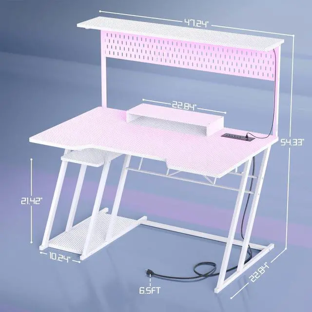 Alt view image 3 of 6 - Gaming Computer Desk with Power Outlets, Gaming Desk with Hutch and LED Lights, Reversible PC Gaming Desk with Pegboard, Carbon Fiber White, 47"