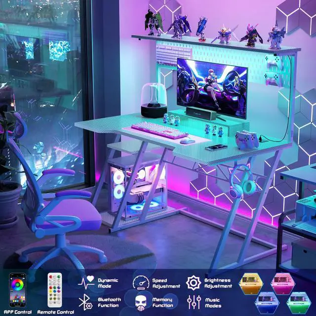 Alt view image 4 of 6 - Gaming Computer Desk with Power Outlets, Gaming Desk with Hutch and LED Lights, Reversible PC Gaming Desk with Pegboard, Carbon Fiber White, 47"