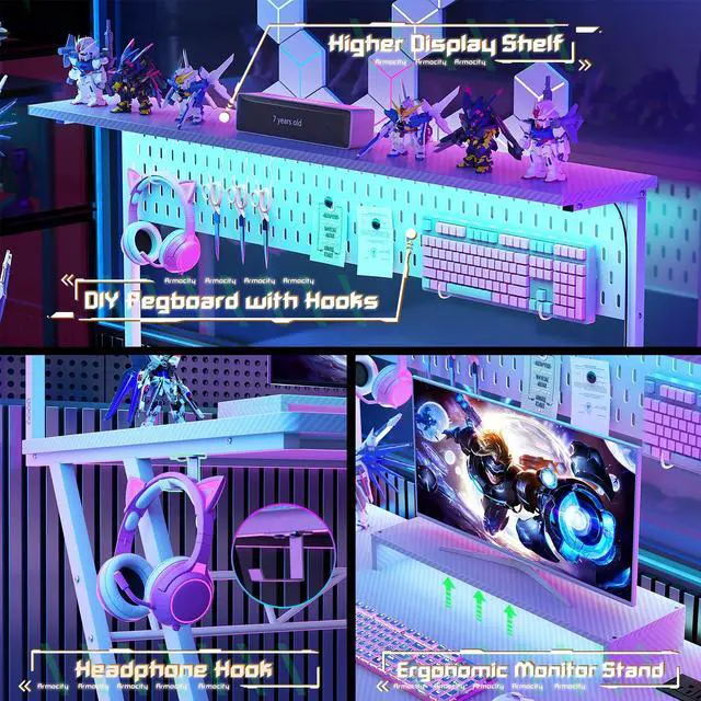 Alt view image 6 of 6 - Gaming Computer Desk with Power Outlets, Gaming Desk with Hutch and LED Lights, Reversible PC Gaming Desk with Pegboard, Carbon Fiber White, 47"