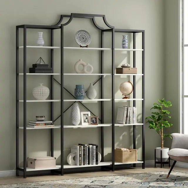 Main image of Triple Wide 5-Tier Bookshelf, 70.87" L x 79.13" H Extra Large Bookcase, Tall Open Etagere Display Shelf with Metal Frame, Freestanding Modern Storage Shelves for Home Office, Black&White
