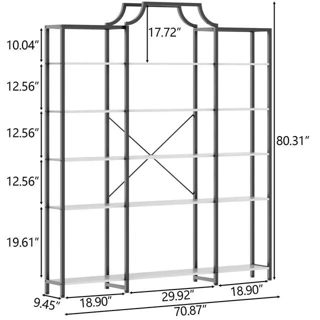 Alt view image 2 of 6 - Triple Wide 5-Tier Bookshelf, 70.87" L x 79.13" H Extra Large Bookcase, Tall Open Etagere Display Shelf with Metal Frame, Freestanding Modern Storage Shelves for Home Office, Black&White