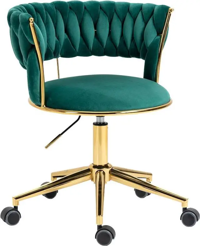 Main image of Velvet Office Desk Chair with Hand Woven Backrest, 360° Swivel & Height Adjustable Task Chairs, Makeup Chair, Living Room Chairs with Stainless Base and 5 Wheels (Emerald)