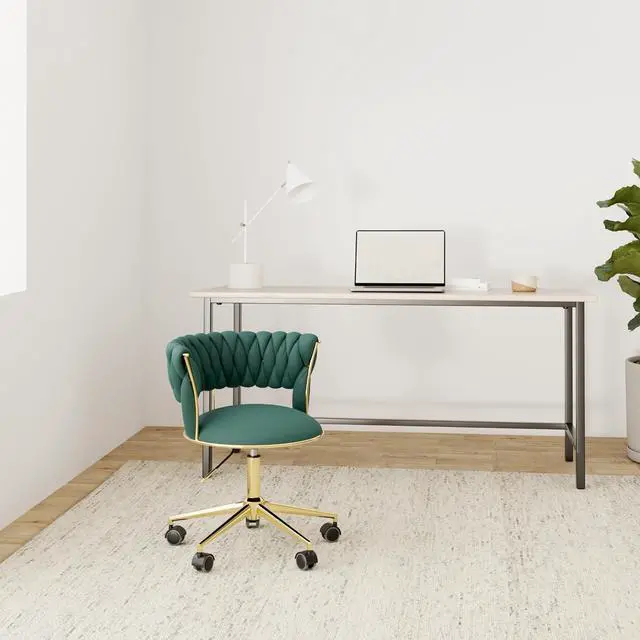 Alt view image 2 of 6 - Velvet Office Desk Chair with Hand Woven Backrest, 360° Swivel & Height Adjustable Task Chairs, Makeup Chair, Living Room Chairs with Stainless Base and 5 Wheels (Emerald)