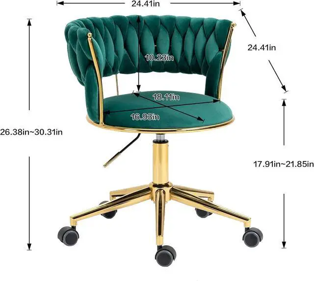 Alt view image 3 of 6 - Velvet Office Desk Chair with Hand Woven Backrest, 360° Swivel & Height Adjustable Task Chairs, Makeup Chair, Living Room Chairs with Stainless Base and 5 Wheels (Emerald)