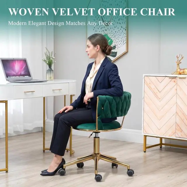 Alt view image 4 of 6 - Velvet Office Desk Chair with Hand Woven Backrest, 360° Swivel & Height Adjustable Task Chairs, Makeup Chair, Living Room Chairs with Stainless Base and 5 Wheels (Emerald)