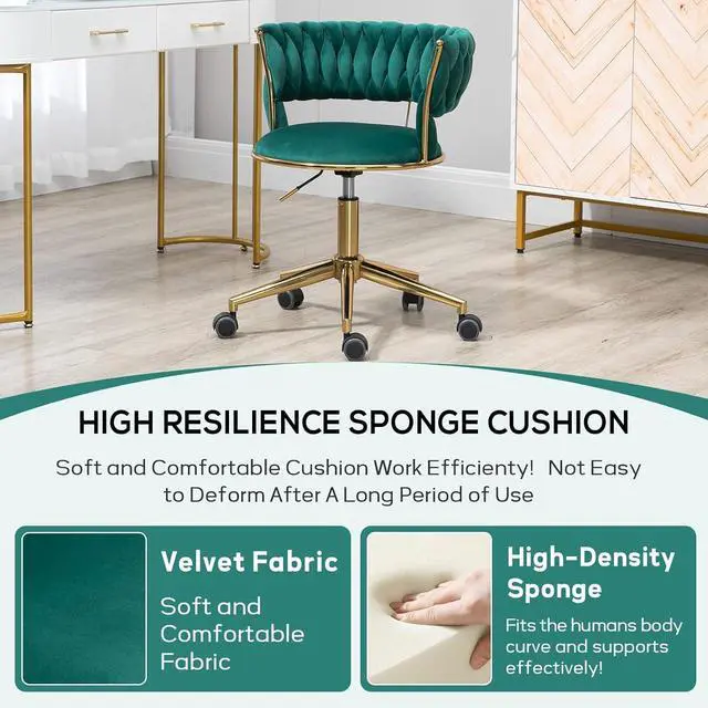 Alt view image 5 of 6 - Velvet Office Desk Chair with Hand Woven Backrest, 360° Swivel & Height Adjustable Task Chairs, Makeup Chair, Living Room Chairs with Stainless Base and 5 Wheels (Emerald)