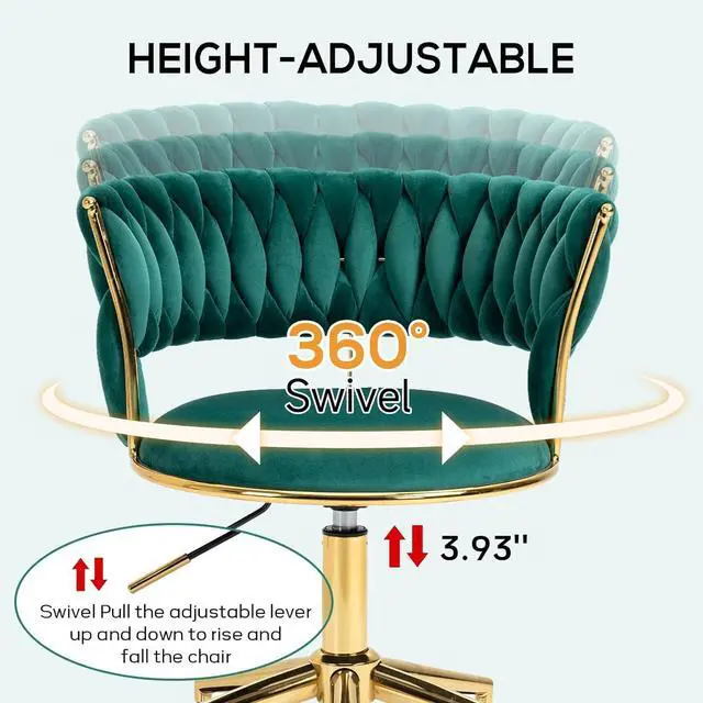 Alt view image 6 of 6 - Velvet Office Desk Chair with Hand Woven Backrest, 360° Swivel & Height Adjustable Task Chairs, Makeup Chair, Living Room Chairs with Stainless Base and 5 Wheels (Emerald)