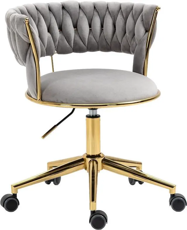 Main image of Velvet Office Desk Chair with Hand Woven Backrest, 360° Swivel & Height Adjustable Task Chairs, Makeup Chair, Living Room Chairs with Stainless Base and 5 Wheels (Grey)