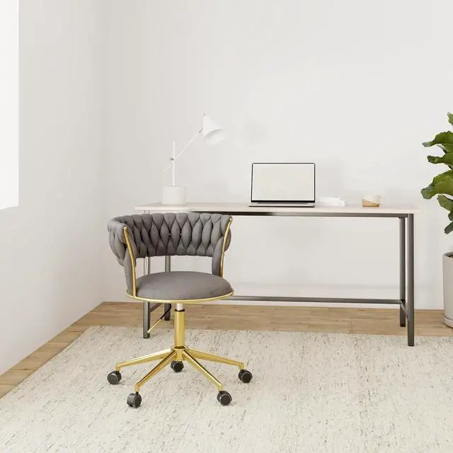 Alt view image 2 of 6 - Velvet Office Desk Chair with Hand Woven Backrest, 360° Swivel & Height Adjustable Task Chairs, Makeup Chair, Living Room Chairs with Stainless Base and 5 Wheels (Grey)