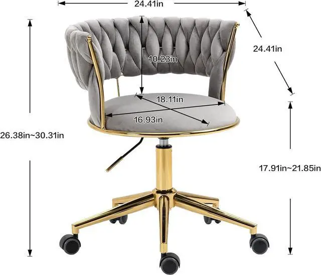 Alt view image 3 of 6 - Velvet Office Desk Chair with Hand Woven Backrest, 360° Swivel & Height Adjustable Task Chairs, Makeup Chair, Living Room Chairs with Stainless Base and 5 Wheels (Grey)