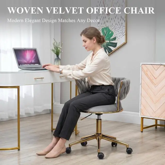 Alt view image 4 of 6 - Velvet Office Desk Chair with Hand Woven Backrest, 360° Swivel & Height Adjustable Task Chairs, Makeup Chair, Living Room Chairs with Stainless Base and 5 Wheels (Grey)