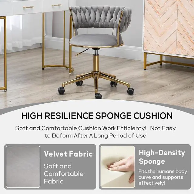 Alt view image 5 of 6 - Velvet Office Desk Chair with Hand Woven Backrest, 360° Swivel & Height Adjustable Task Chairs, Makeup Chair, Living Room Chairs with Stainless Base and 5 Wheels (Grey)