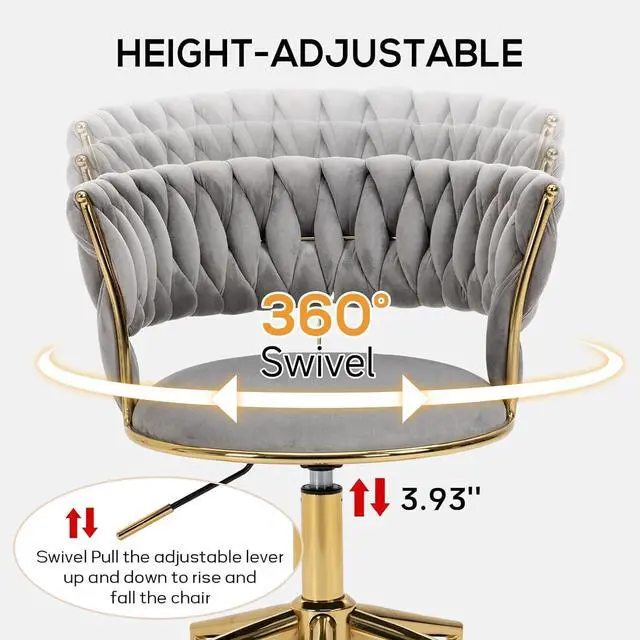 Alt view image 6 of 6 - Velvet Office Desk Chair with Hand Woven Backrest, 360° Swivel & Height Adjustable Task Chairs, Makeup Chair, Living Room Chairs with Stainless Base and 5 Wheels (Grey)