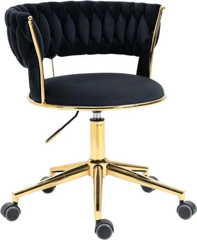 Main image of Velvet Office Desk Chair with Hand Woven Backrest, 360° Swivel & Height Adjustable Task Chairs, Makeup Chair, Living Room Chairs with Stainless Base and 5 Wheels (Black)