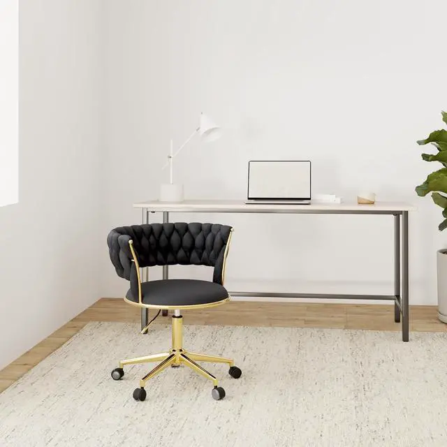 Alt view image 2 of 6 - Velvet Office Desk Chair with Hand Woven Backrest, 360° Swivel & Height Adjustable Task Chairs, Makeup Chair, Living Room Chairs with Stainless Base and 5 Wheels (Black)