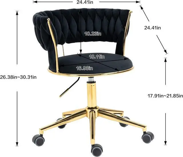 Alt view image 3 of 6 - Velvet Office Desk Chair with Hand Woven Backrest, 360° Swivel & Height Adjustable Task Chairs, Makeup Chair, Living Room Chairs with Stainless Base and 5 Wheels (Black)