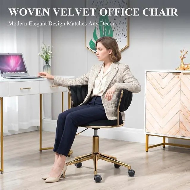 Alt view image 4 of 6 - Velvet Office Desk Chair with Hand Woven Backrest, 360° Swivel & Height Adjustable Task Chairs, Makeup Chair, Living Room Chairs with Stainless Base and 5 Wheels (Black)