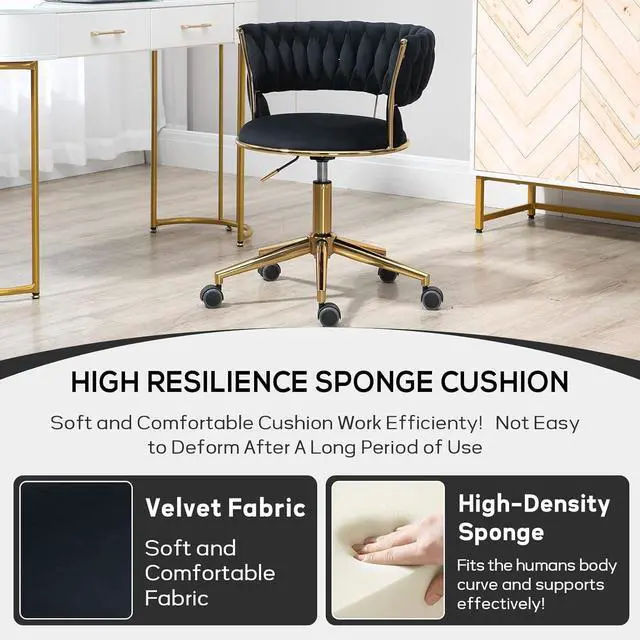 Alt view image 5 of 6 - Velvet Office Desk Chair with Hand Woven Backrest, 360° Swivel & Height Adjustable Task Chairs, Makeup Chair, Living Room Chairs with Stainless Base and 5 Wheels (Black)