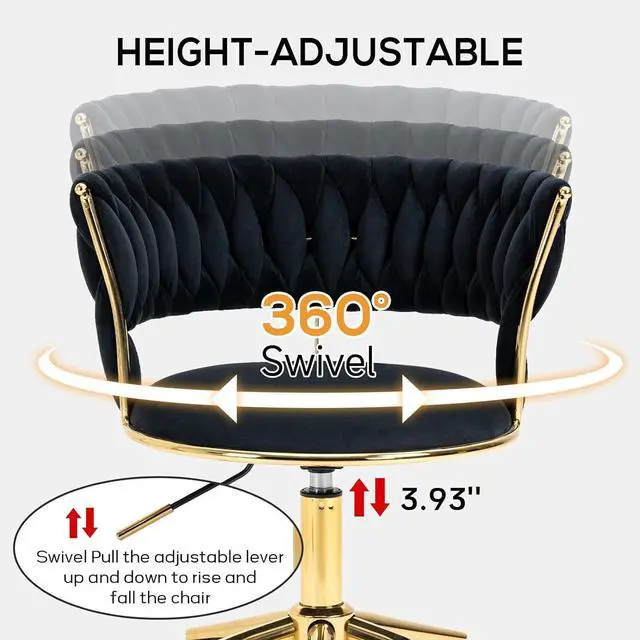 Alt view image 6 of 6 - Velvet Office Desk Chair with Hand Woven Backrest, 360° Swivel & Height Adjustable Task Chairs, Makeup Chair, Living Room Chairs with Stainless Base and 5 Wheels (Black)